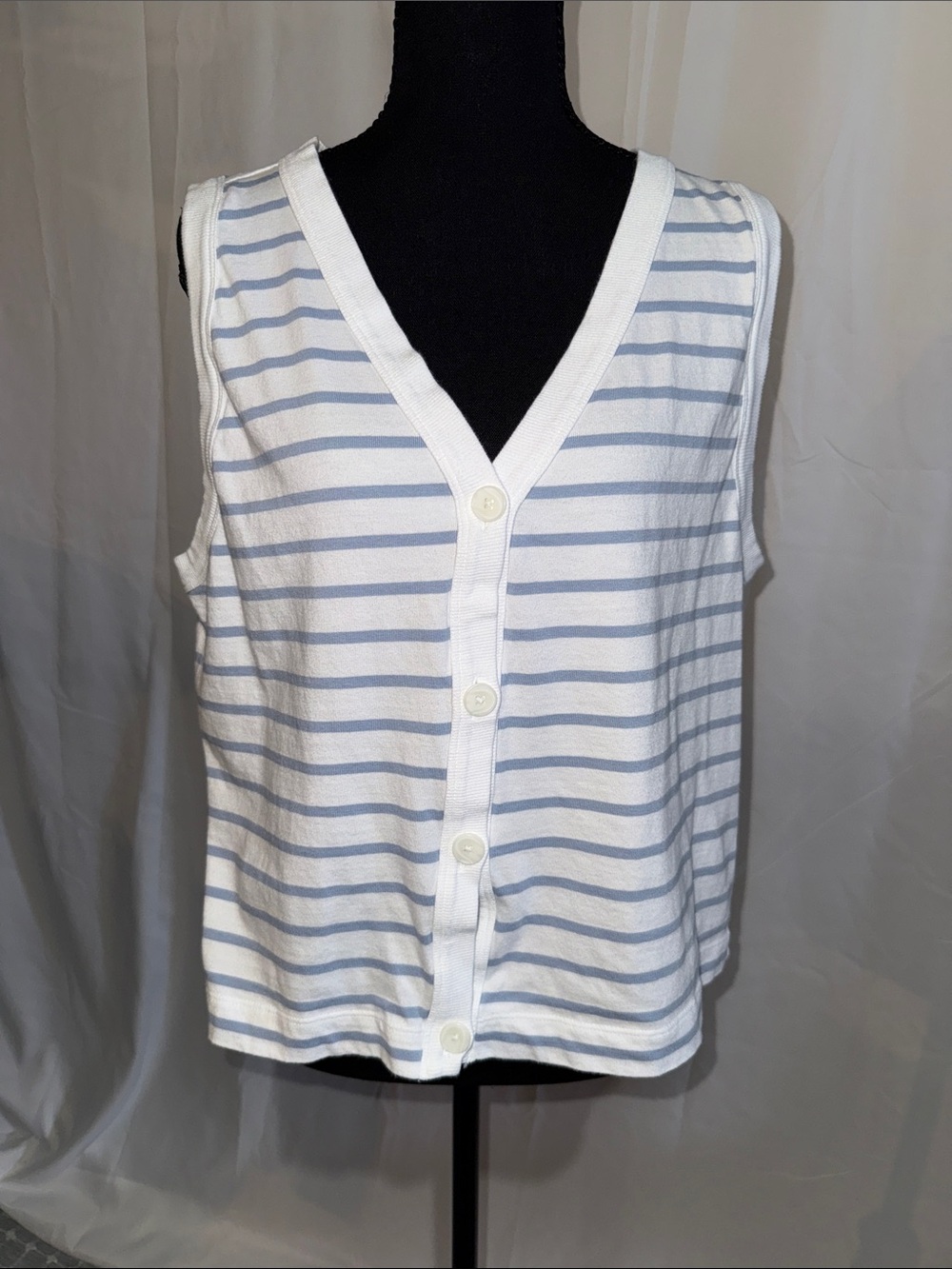 LOFT White & Light Blue Striped Sleeveless Button-Front Top